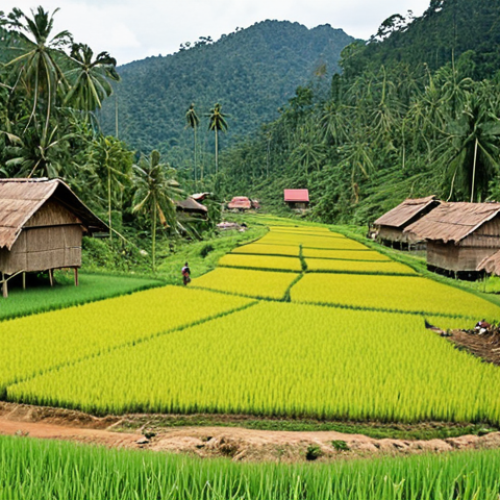 Home 11 **Image Prompt:** Orang Asli village in Pahang, Malaysia. Paddy fields using mixed farming techniques, showing natural pest control and healthy soil. Lush green environment, traditional houses, demonstrating symbiotic relationship with nature.