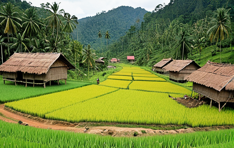 **Image Prompt:** Orang Asli village in Pahang, Malaysia. Paddy fields using mixed farming techniques, showing natural pest control and healthy soil. Lush green environment, traditional houses, demonstrating symbiotic relationship with nature.