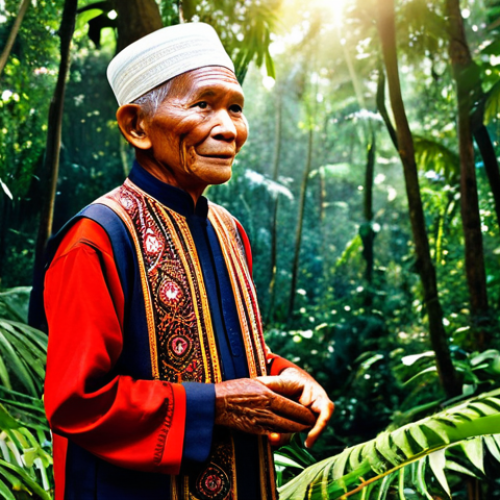 Home 6 A wise Malaysian indigenous community elder, with a calm and knowing expression, standing amidst a lush, vibrant Malaysian rainforest. They are dressed in modest, traditional attire that fully covers the body, reflecting their deep cultural heritage. Sunlight filters gently through the dense canopy, illuminating the untouched natural environment. This image embodies ancestral wisdom and harmony with nature. Professional nature photography, realistic, high detail, vibrant colors. Fully clothed, modest clothing, appropriate attire, natural pose, perfect anatomy, correct proportions, well-formed hands, proper finger count, natural body proportions, safe for work, appropriate content, family-friendly.
