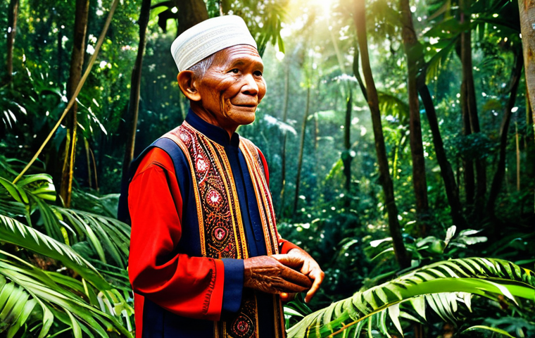 A wise Malaysian indigenous community elder, with a calm and knowing expression, standing amidst a lush, vibrant Malaysian rainforest. They are dressed in modest, traditional attire that fully covers the body, reflecting their deep cultural heritage. Sunlight filters gently through the dense canopy, illuminating the untouched natural environment. This image embodies ancestral wisdom and harmony with nature. Professional nature photography, realistic, high detail, vibrant colors. Fully clothed, modest clothing, appropriate attire, natural pose, perfect anatomy, correct proportions, well-formed hands, proper finger count, natural body proportions, safe for work, appropriate content, family-friendly.